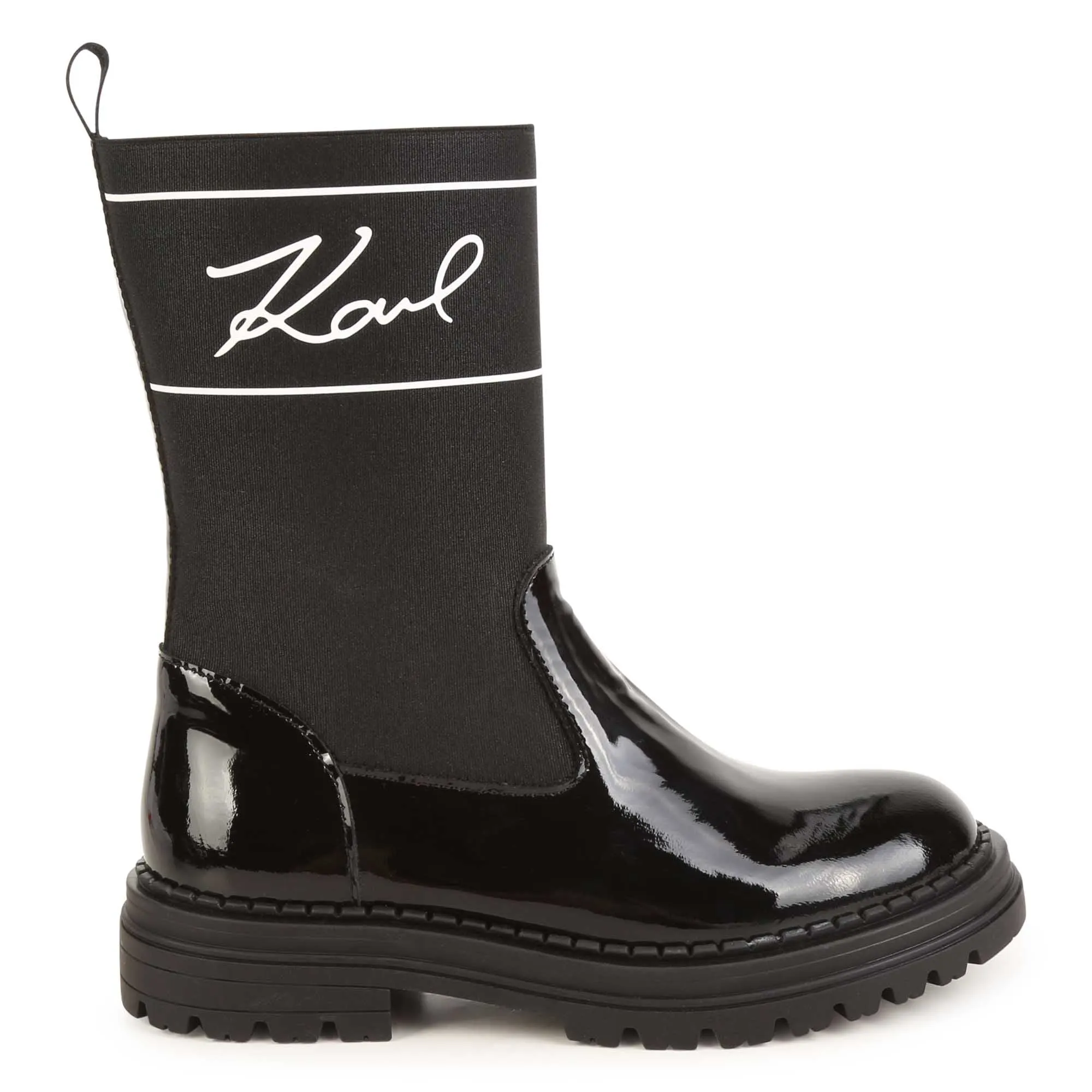 Black Bi-Fabric Patent Logo Boots