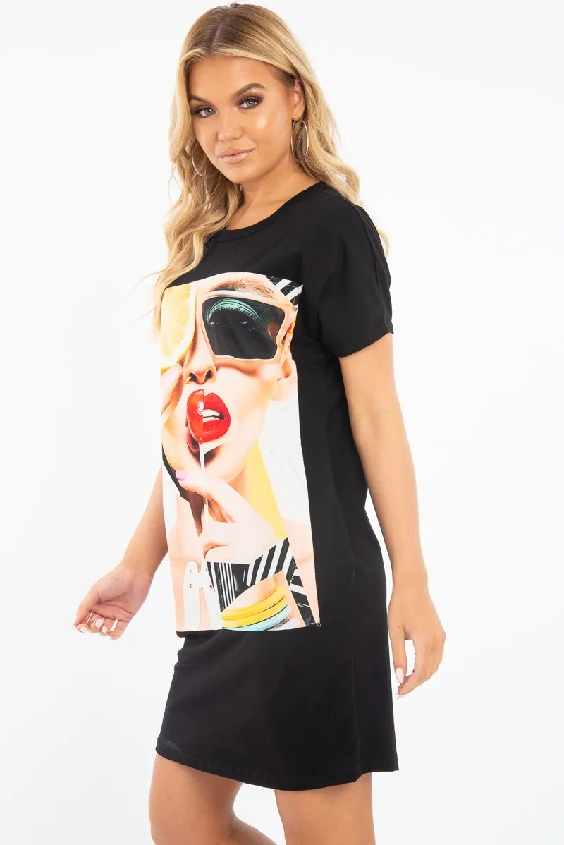 Black Oversized Orange Fruit Face T-Shirt Dress - Alycia