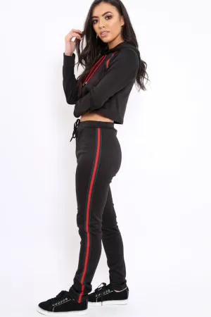 Black Tracksuit with Khaki and Red Side Stripe - Beatrix