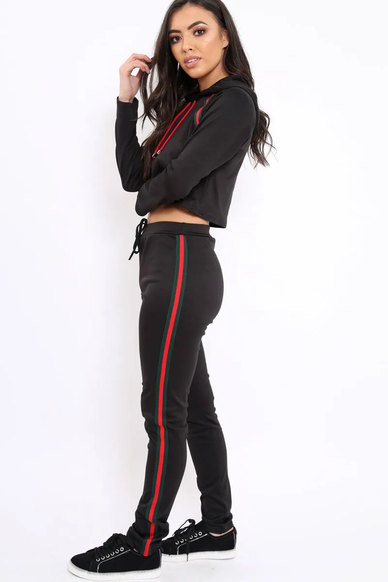 Black Tracksuit with Khaki and Red Side Stripe - Beatrix