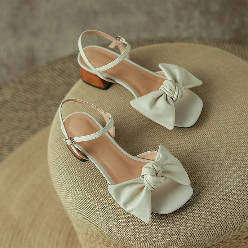 Block Heel Leather sandal Bowknot Sandals in Apricot/Beige