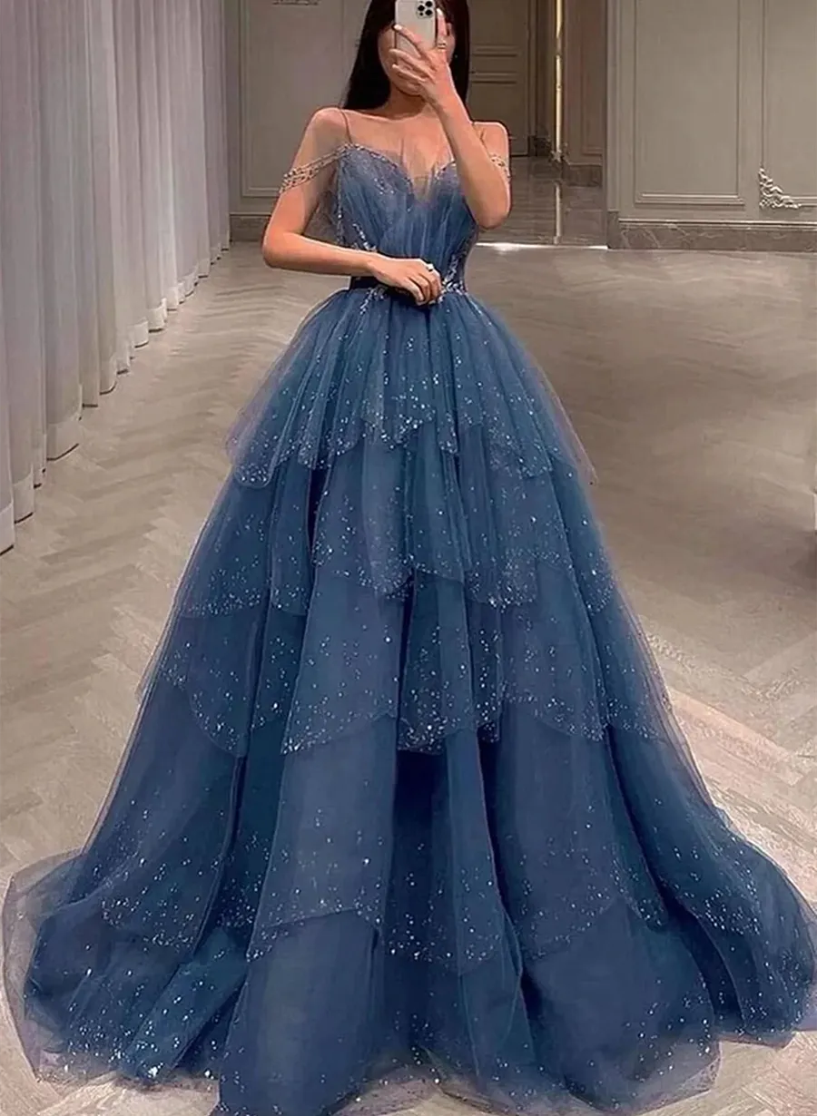 Blue Beaded Layers Tulle Straps Long Formal Dress, Blue Long Evening Dress Prom Dress