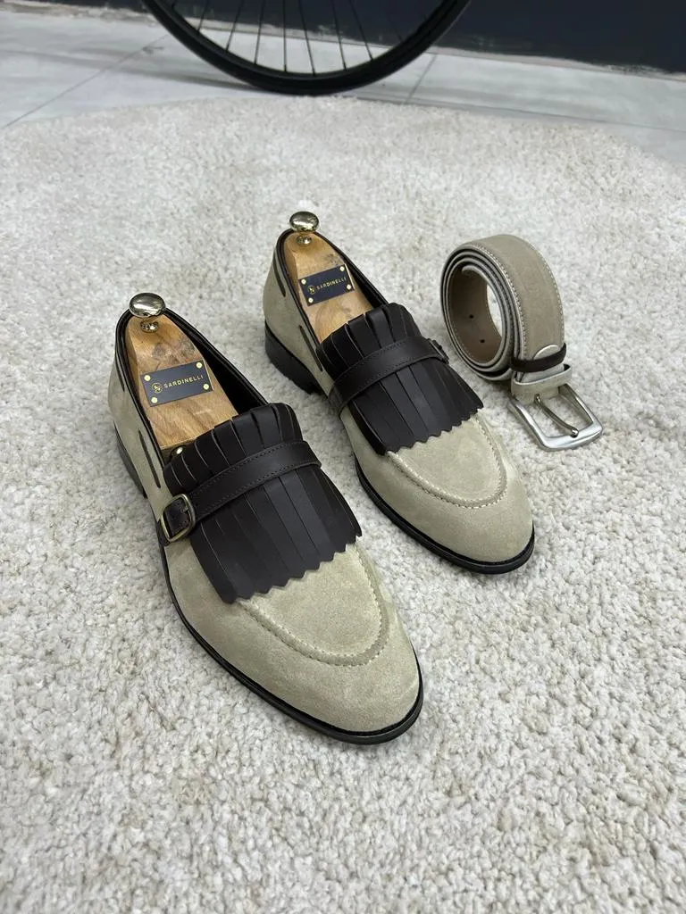 Bojoni Veneta Fringe Detailed Suede Beige Casual Loafer