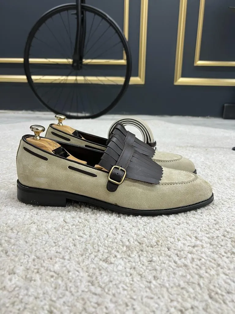 Bojoni Veneta Fringe Detailed Suede Beige Casual Loafer