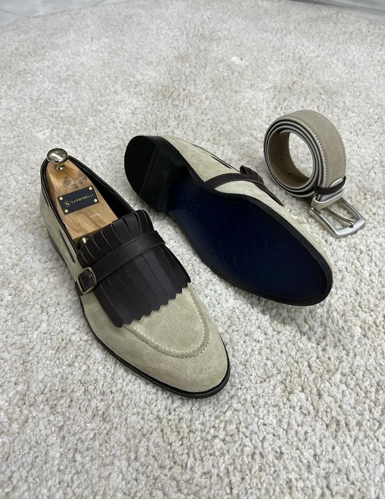 Bojoni Veneta Fringe Detailed Suede Beige Casual Loafer