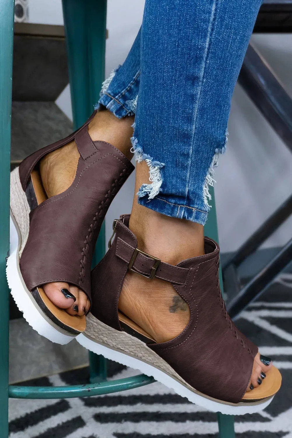 Brown PU Cutout Buckle Strap Platform Slides Shoes