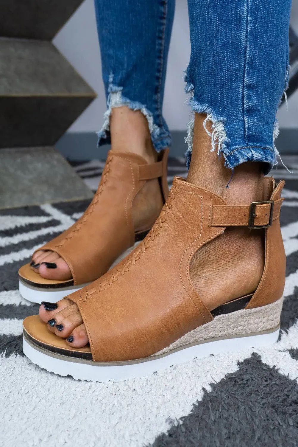 Brown PU Cutout Buckle Strap Platform Slides Shoes