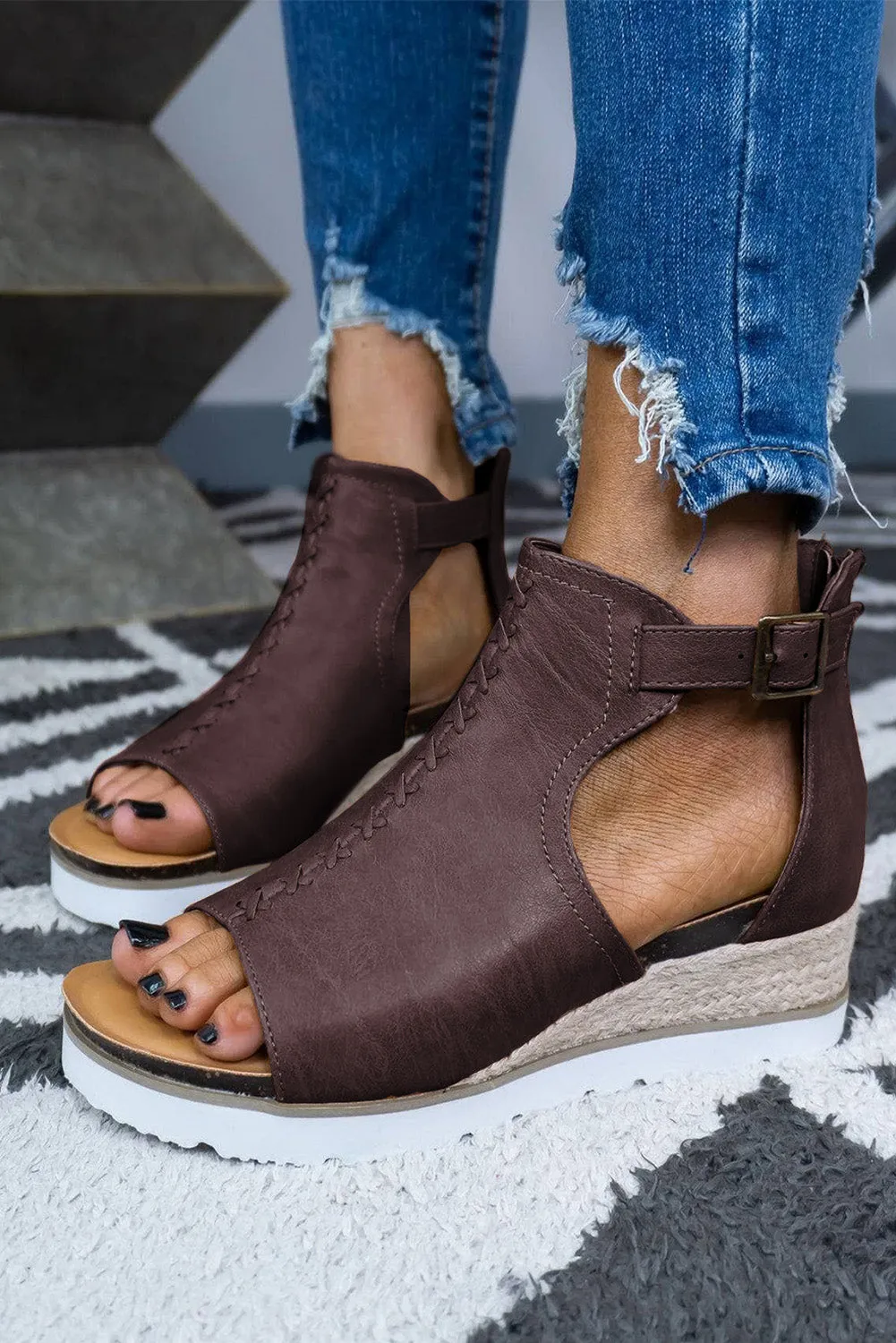 Brown PU Cutout Buckle Strap Platform Slides Shoes