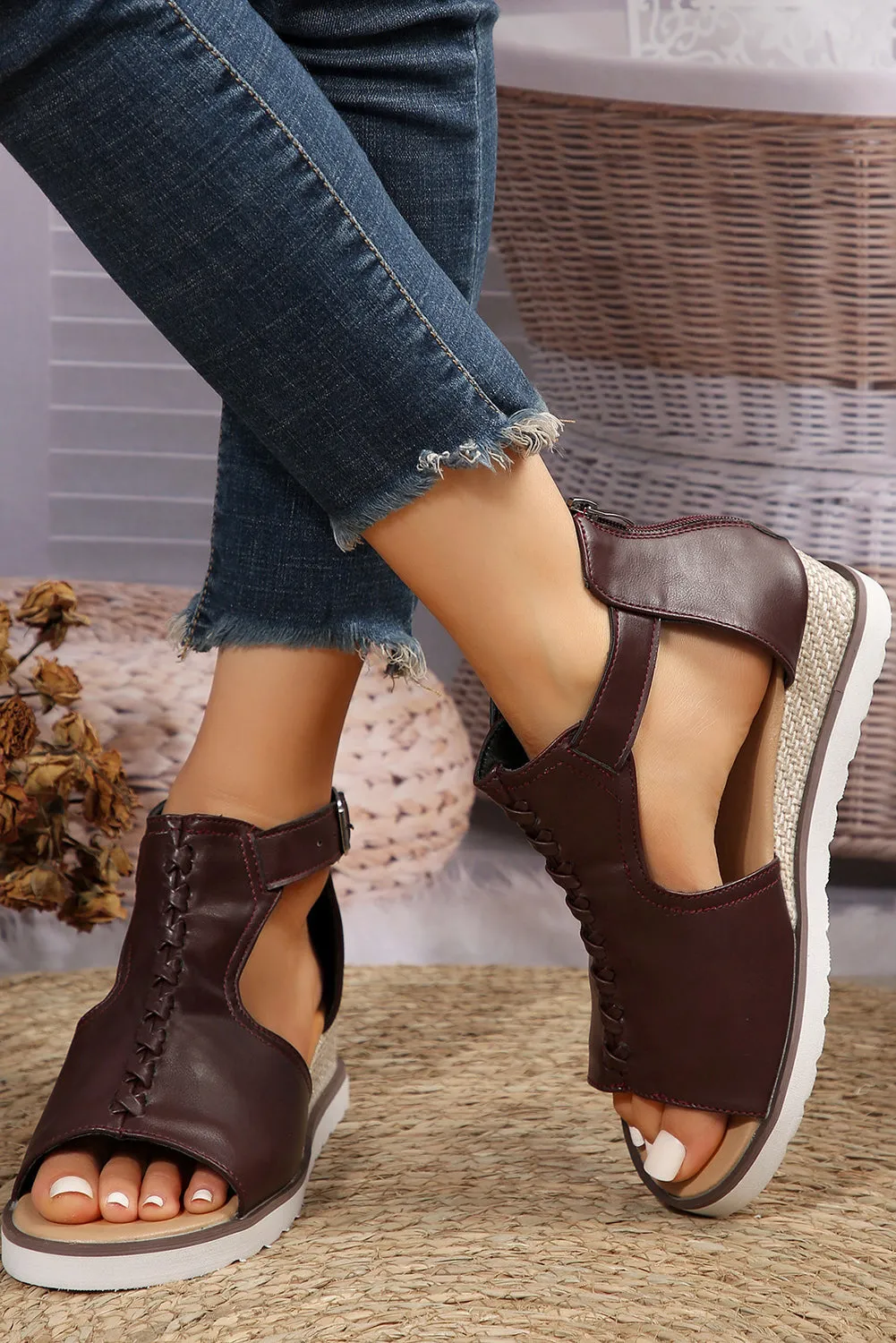 Brown PU Cutout Buckle Strap Platform Slides Shoes