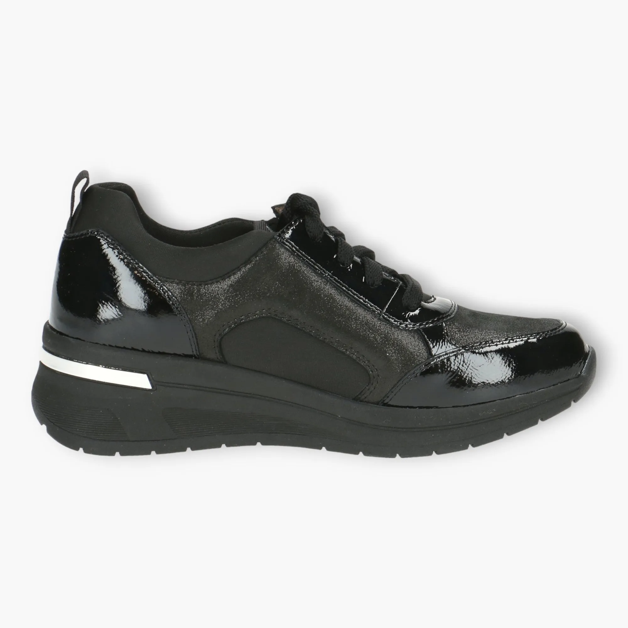 Caprice Black Trainers with Patent Details, Laces & Side Zip - Wide Sole, Wide Fit, Comfort Focused