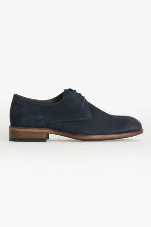 Casual Suede 100% Genuine Leather Navy Lace-Up Shoes