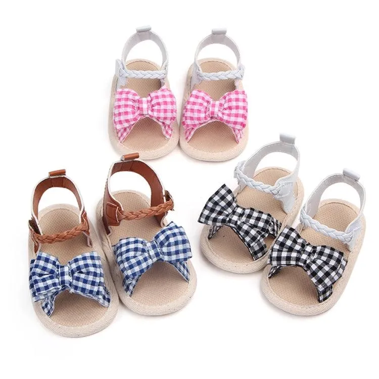 Charming Bow-Embellished Plaid Summer Sandals for Baby Girls - Anti-Slip Crib Shoes