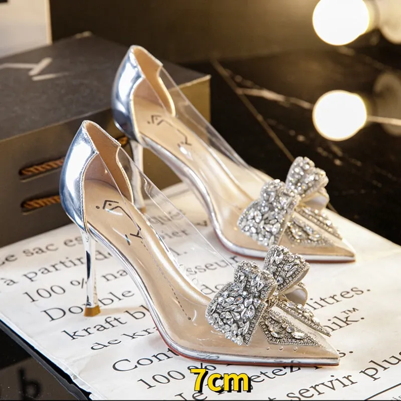 Christmas Gift Summer Pointed Crystal Fairy Ladies Wind Sandals Rhinestone Butterfly-Knot Transparent High Heel Women Sandals Fashion Shoes