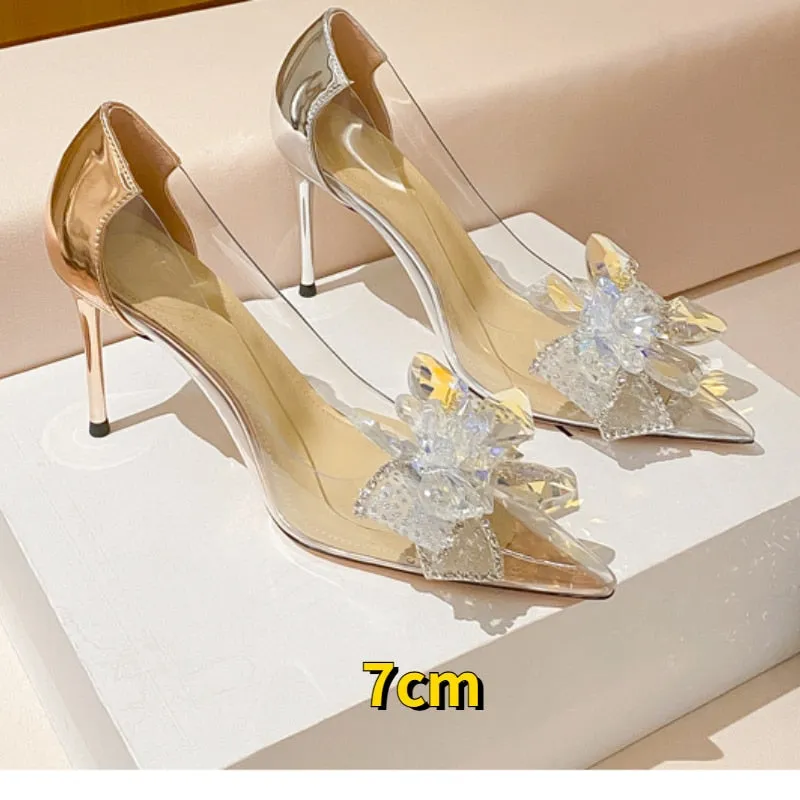 Christmas Gift Summer Pointed Crystal Fairy Ladies Wind Sandals Rhinestone Butterfly-Knot Transparent High Heel Women Sandals Fashion Shoes