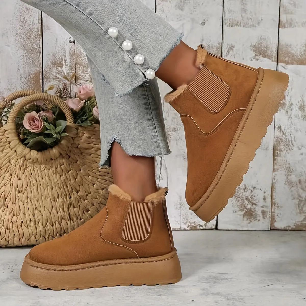 Cozy Plush Lined Womens Platform Ankle Boots for Casual Comfort