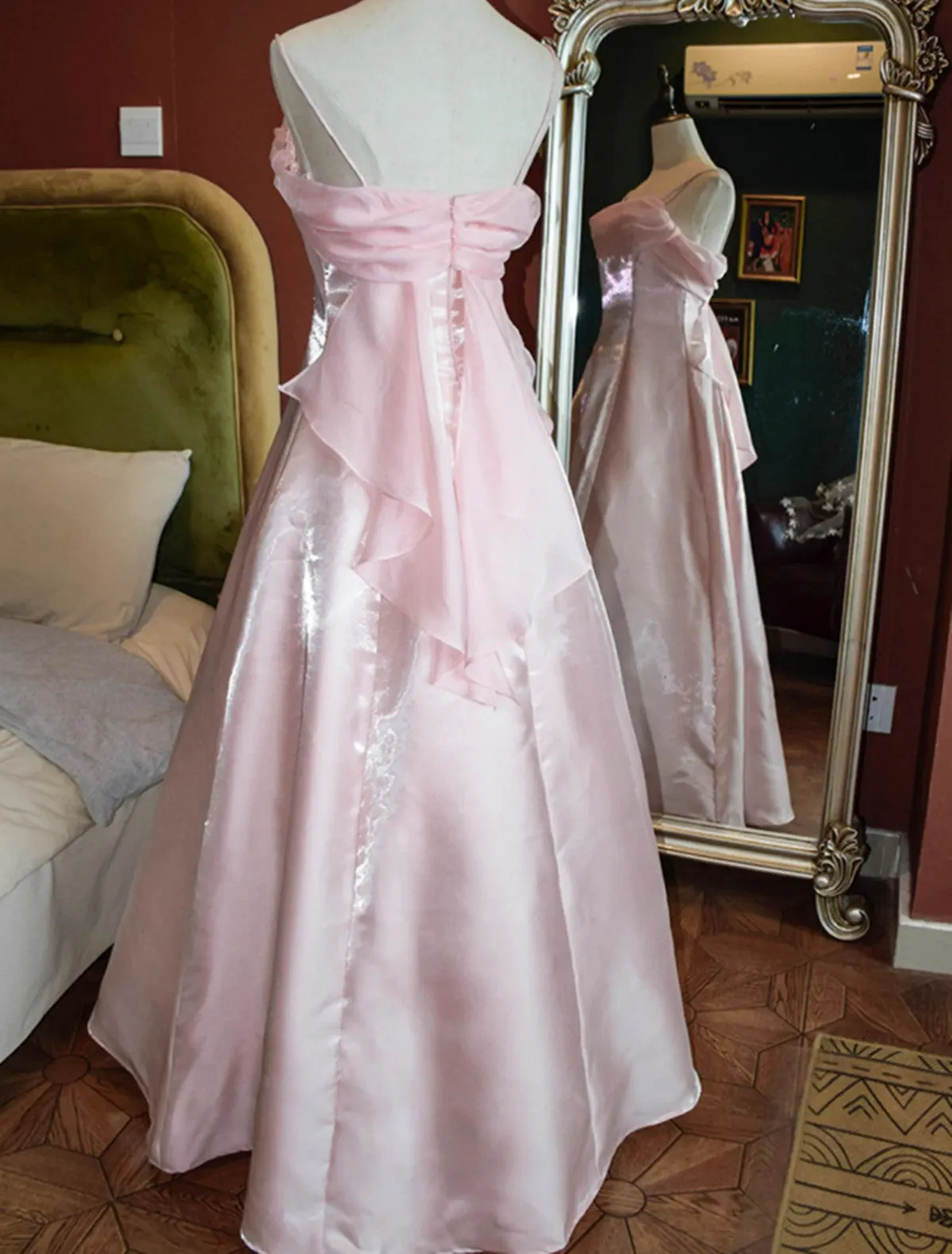 Cute Vintage Style Satin Straps Long Party Dress, A-line Satin Prom Dress