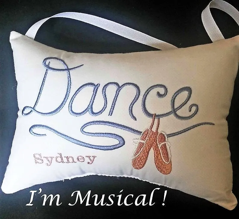 Dance in Script Music Box Pillow -- Personalized Embroidered MUSICAL Keepsake -- Dance, Ballet, Slippers