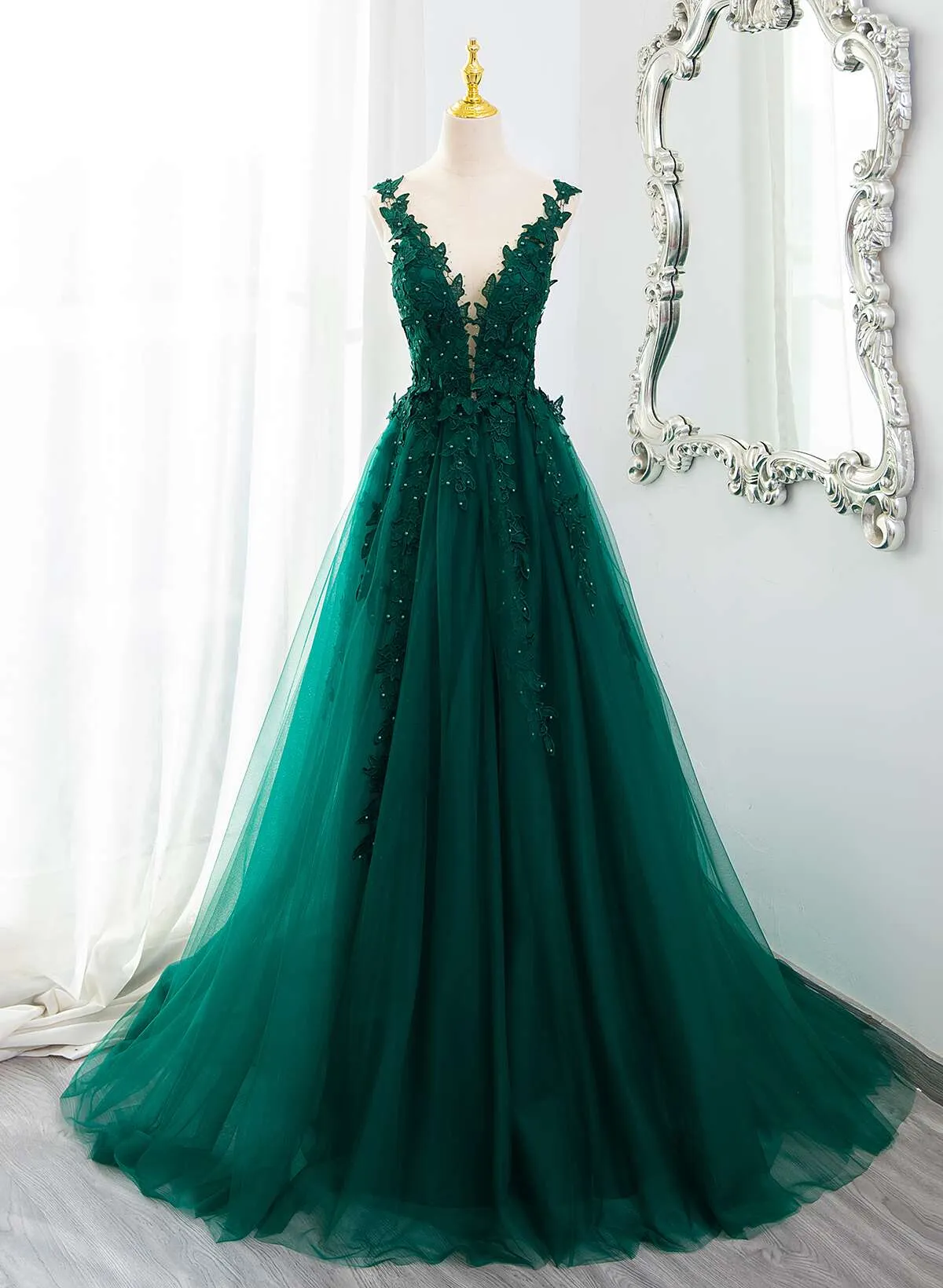 Dark Green Tulle V-neckline Party Dress with Lace, Dark Green Tulle Prom Dress