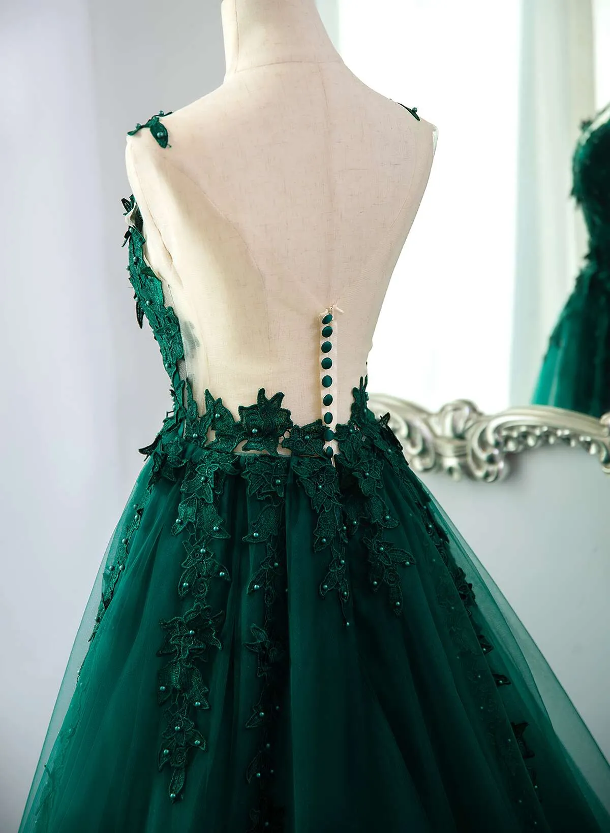 Dark Green Tulle V-neckline Party Dress with Lace, Dark Green Tulle Prom Dress