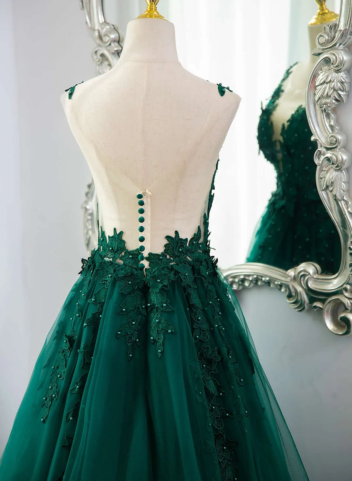 Dark Green Tulle V-neckline Party Dress with Lace, Dark Green Tulle Prom Dress