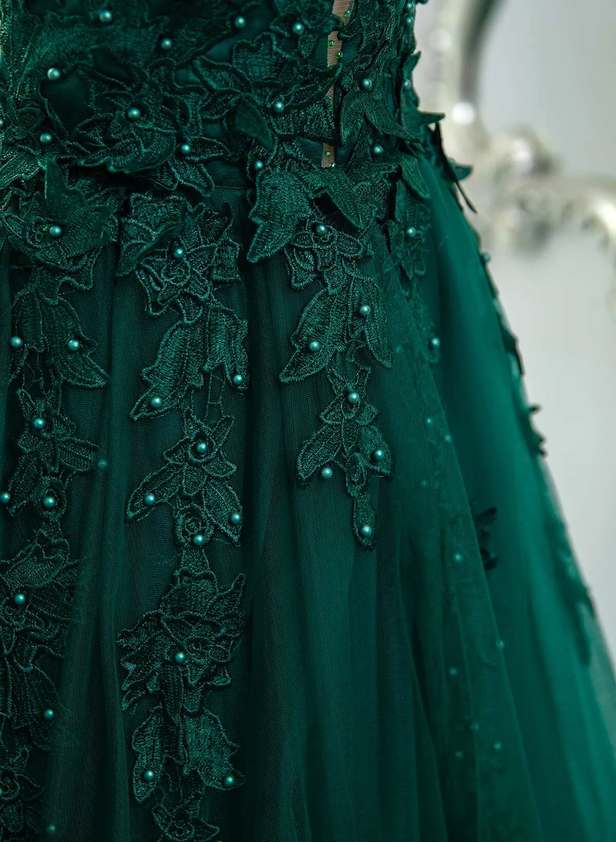 Dark Green Tulle V-neckline Party Dress with Lace, Dark Green Tulle Prom Dress