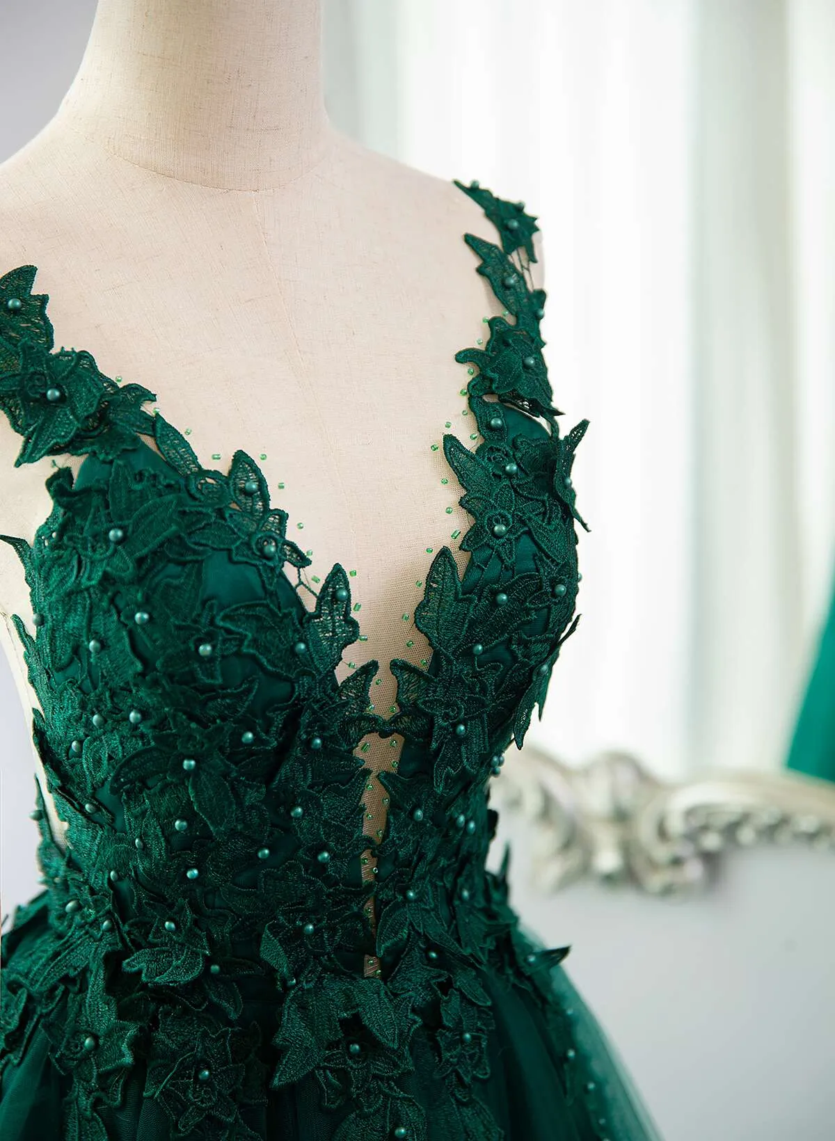 Dark Green Tulle V-neckline Party Dress with Lace, Dark Green Tulle Prom Dress