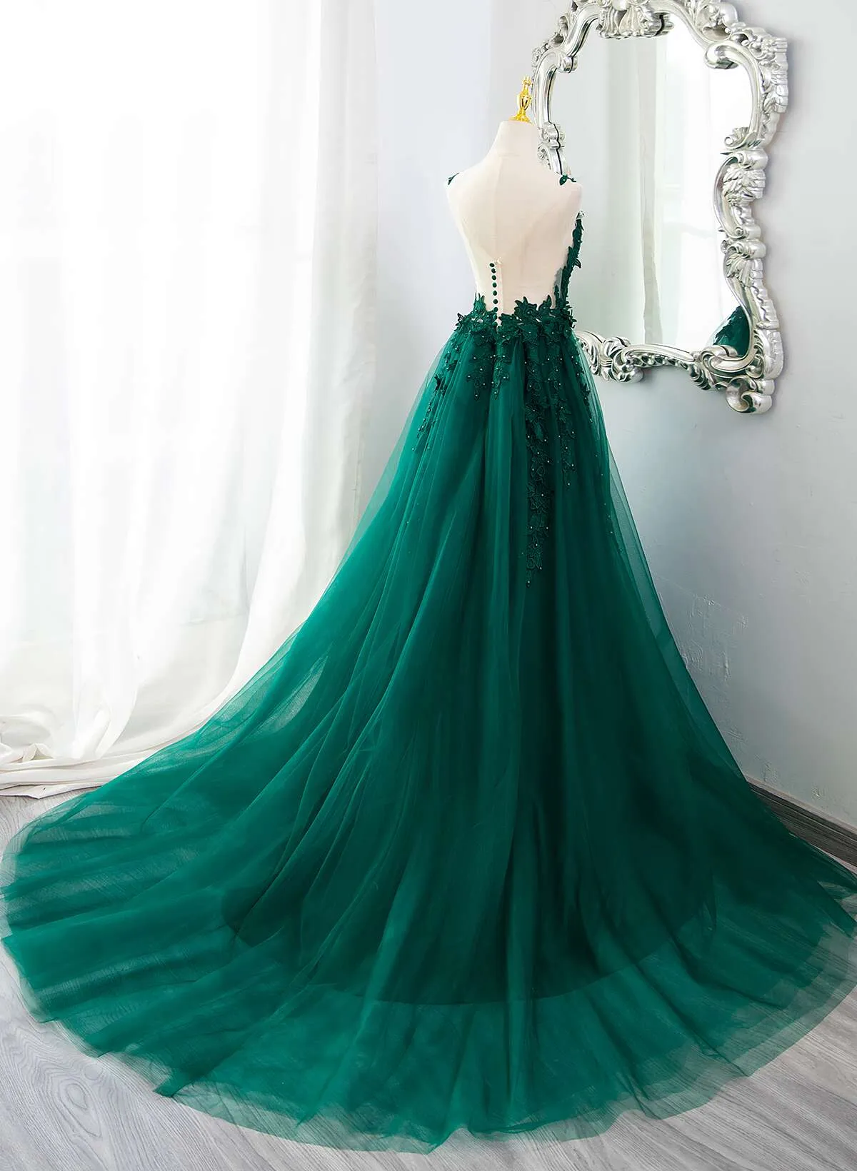 Dark Green Tulle V-neckline Party Dress with Lace, Dark Green Tulle Prom Dress