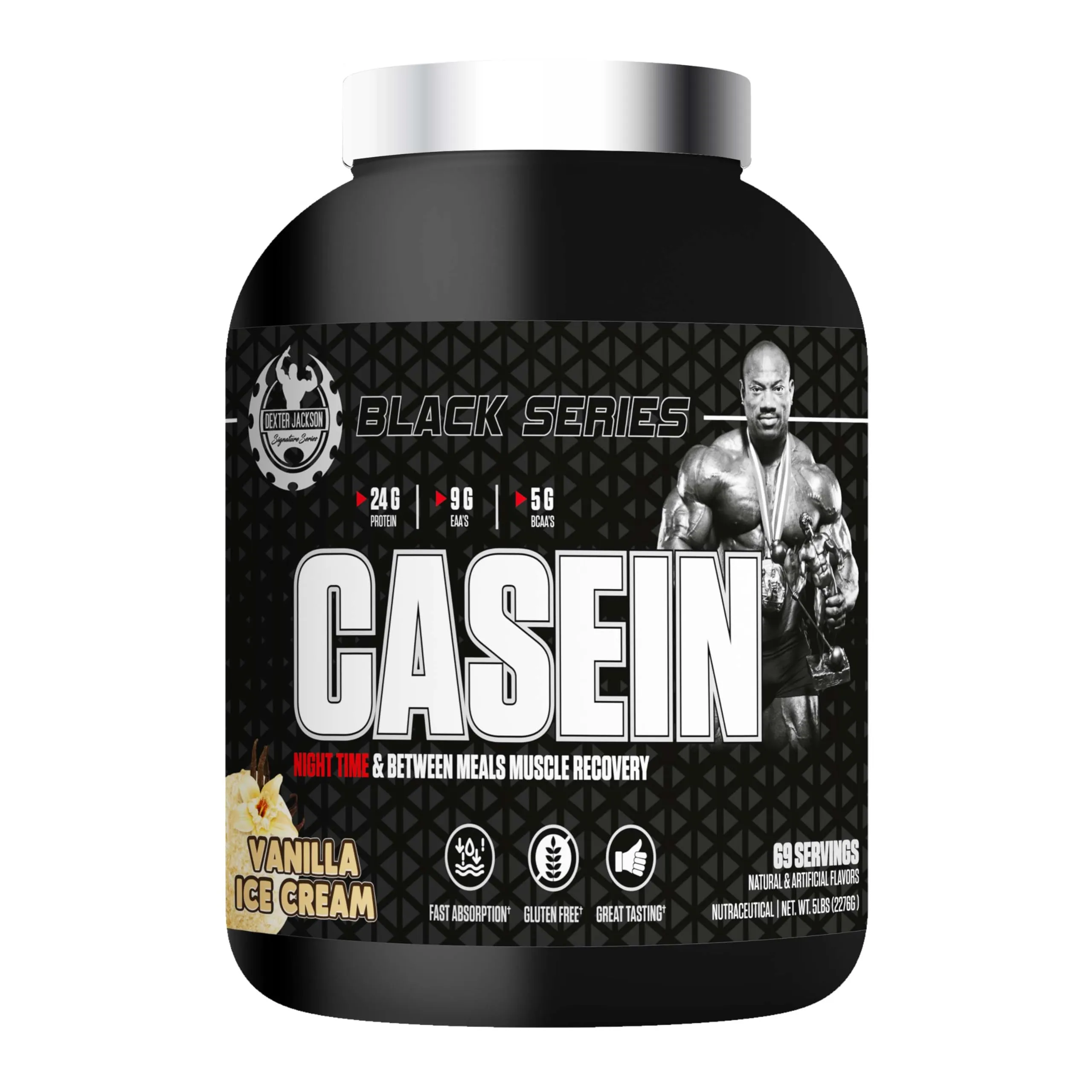 Dexter Jackson Black Series Casein Protein | Night-time & Between Meals Muscle Recovery | Vanilla Ice Cream | 5 lbs (2272g) | 69 Servings | Slow-Release Protein Blend for Optimal Repair