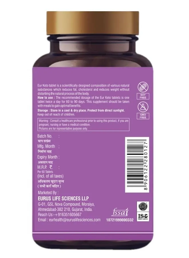 Eurus Lifesciences Keto Fat Burner for Men & Women - Garcinia Cambogia, Green Coffee Bean & Green Tea Extract - 60 Tablets