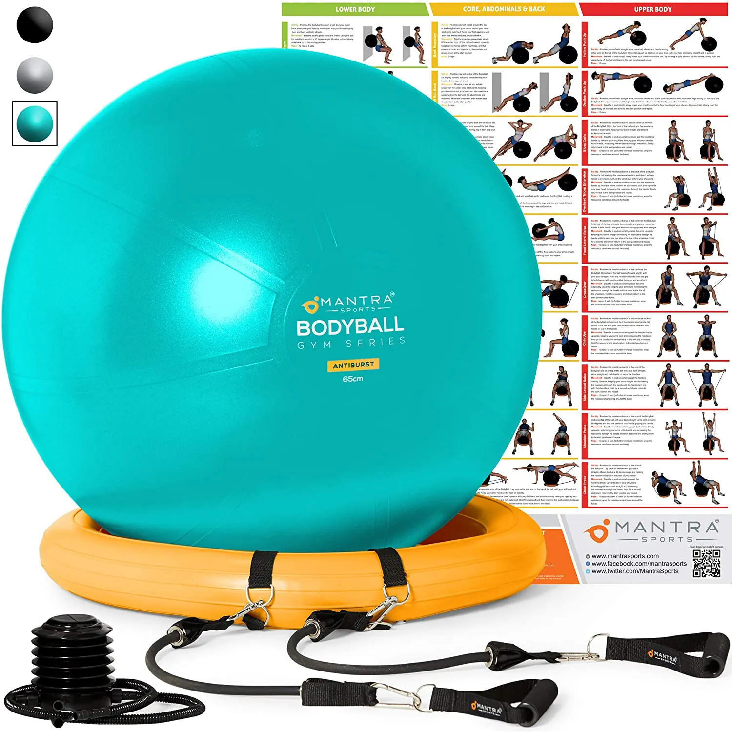 Exercise Ball Chair - 55cm / 65cm / 75cm Yoga Fitness Pilates Ball & Stability Base for Home Gym & Office - Resistance Bands, Workout Poster & Pump. Improve Balance, Core Strength & Posture