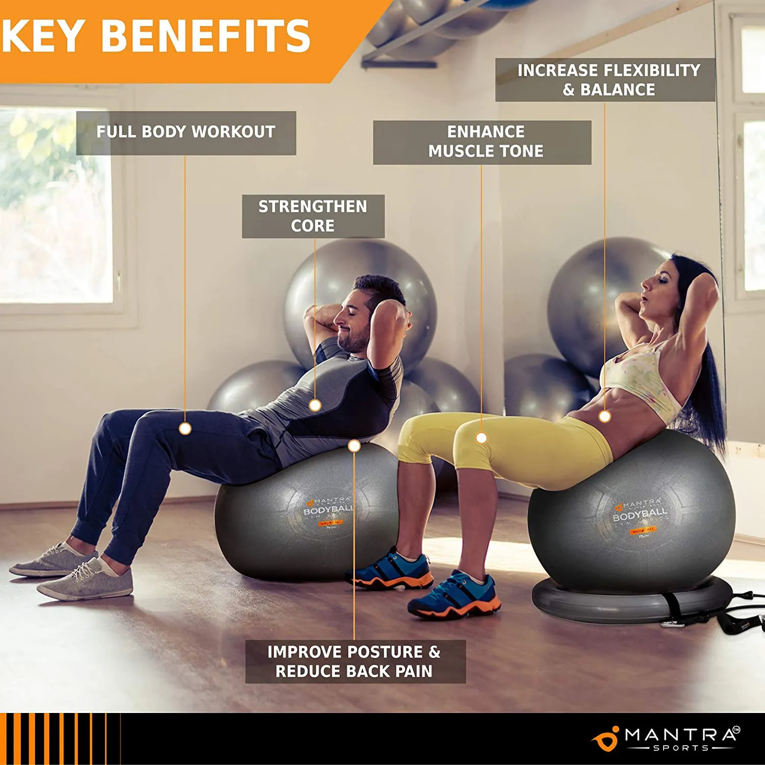 Exercise Ball Chair - 55cm / 65cm / 75cm Yoga Fitness Pilates Ball & Stability Base for Home Gym & Office - Resistance Bands, Workout Poster & Pump. Improve Balance, Core Strength & Posture