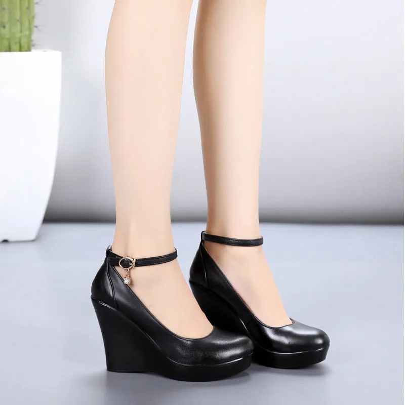 Fashion Ankle Strap High Wedges Platform Pumps For Casual Genuine Leather Black Work Shoes High Heels