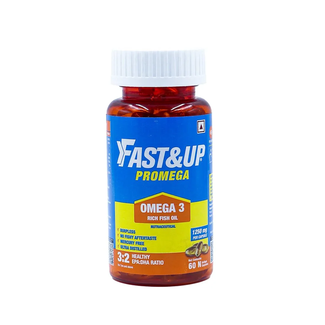 Fast&Up Promega with Double Strength 1250 mg Omega-3 Rich Fish Oil (60 Capsules) | High 375 mg EPA & 250 mg DHA ratio (3:2) For Heart, Eyes, Joints & Brain Health | No Fishy Aftertaste, Smell or Burps