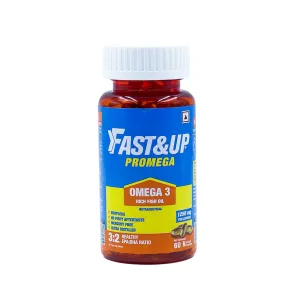 Fast&Up Promega with Double Strength 1250 mg Omega-3 Rich Fish Oil (60 Capsules) | High 375 mg EPA & 250 mg DHA ratio (3:2) For Heart, Eyes, Joints & Brain Health | No Fishy Aftertaste, Smell or Burps