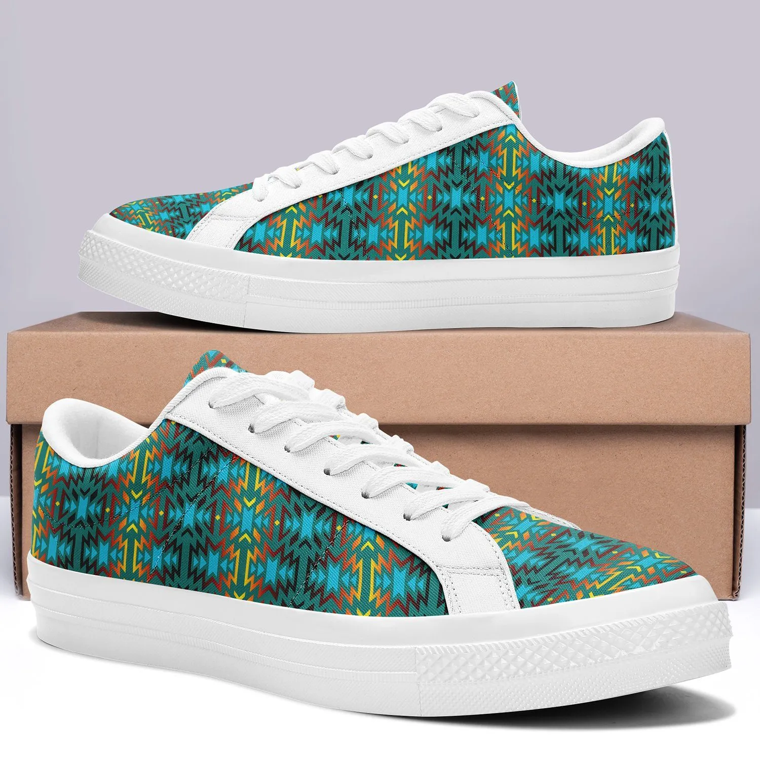 Fire Colors and Turquoise Teal Aapisi Low Top Canvas Shoes White Sole