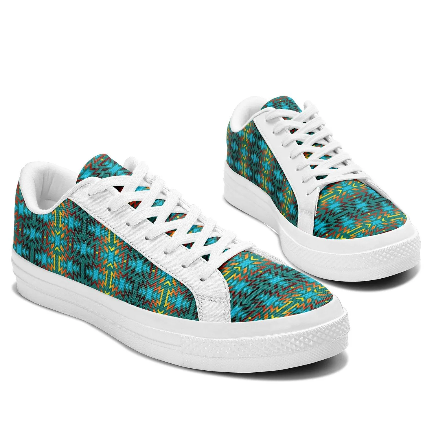 Fire Colors and Turquoise Teal Aapisi Low Top Canvas Shoes White Sole