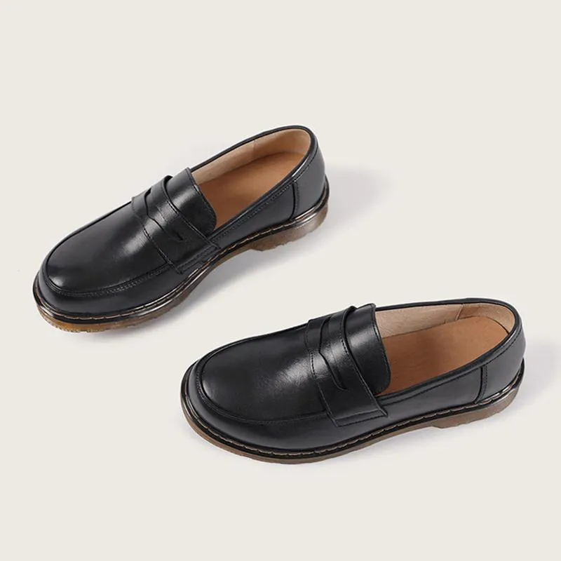 Full Grain Leather Penny Loafers Handmade Uniform Shoes Black