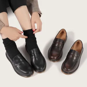 Full Grain Leather Penny Loafers Handmade Uniform Shoes Black