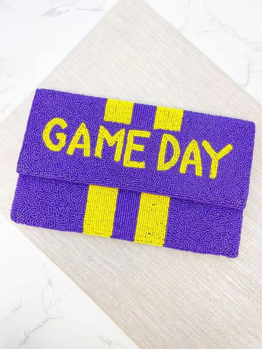 'Game Day' Beaded Clutch & Convertible Crossbody - Purple & Yellow