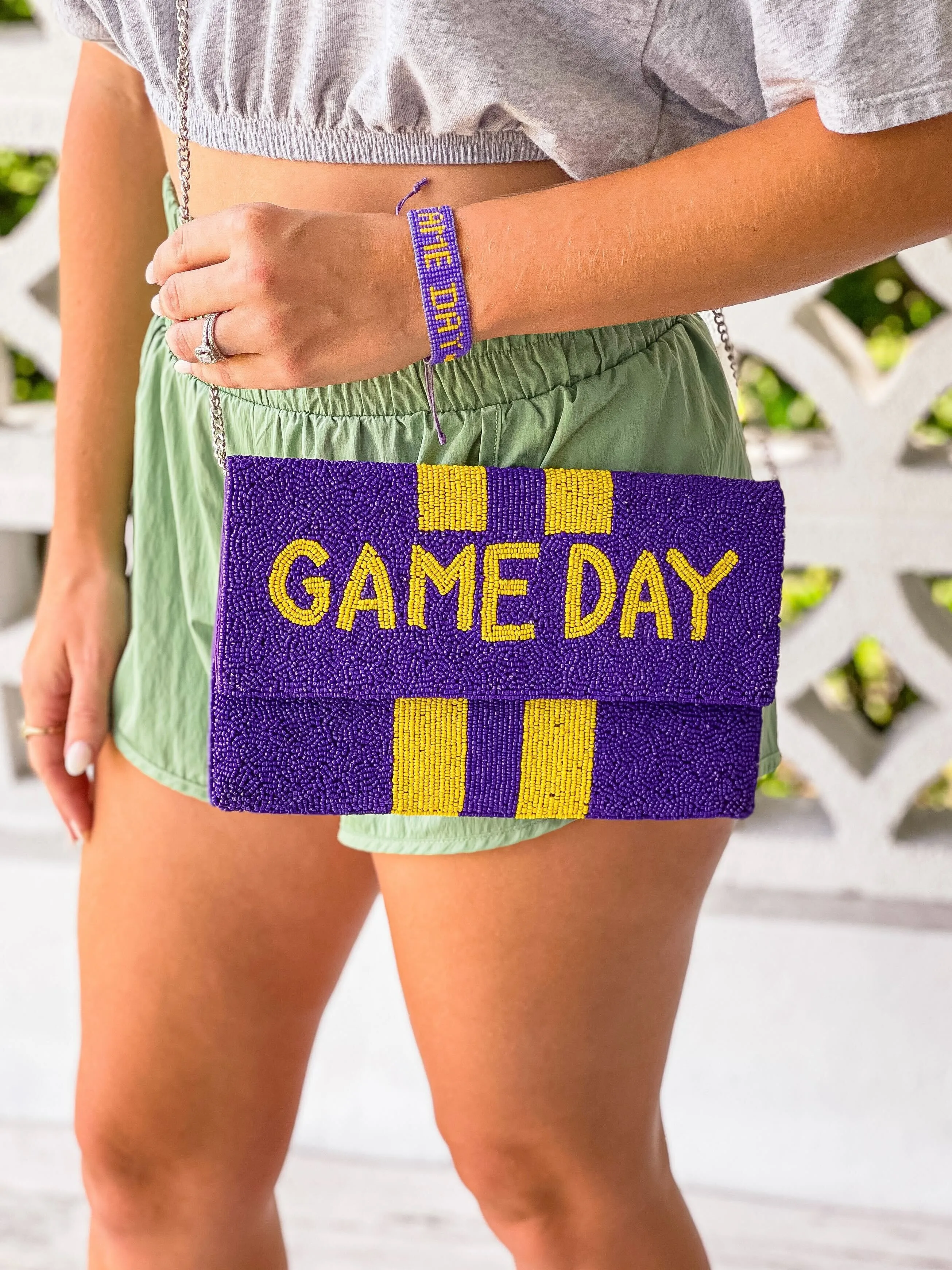 'Game Day' Beaded Clutch & Convertible Crossbody - Purple & Yellow