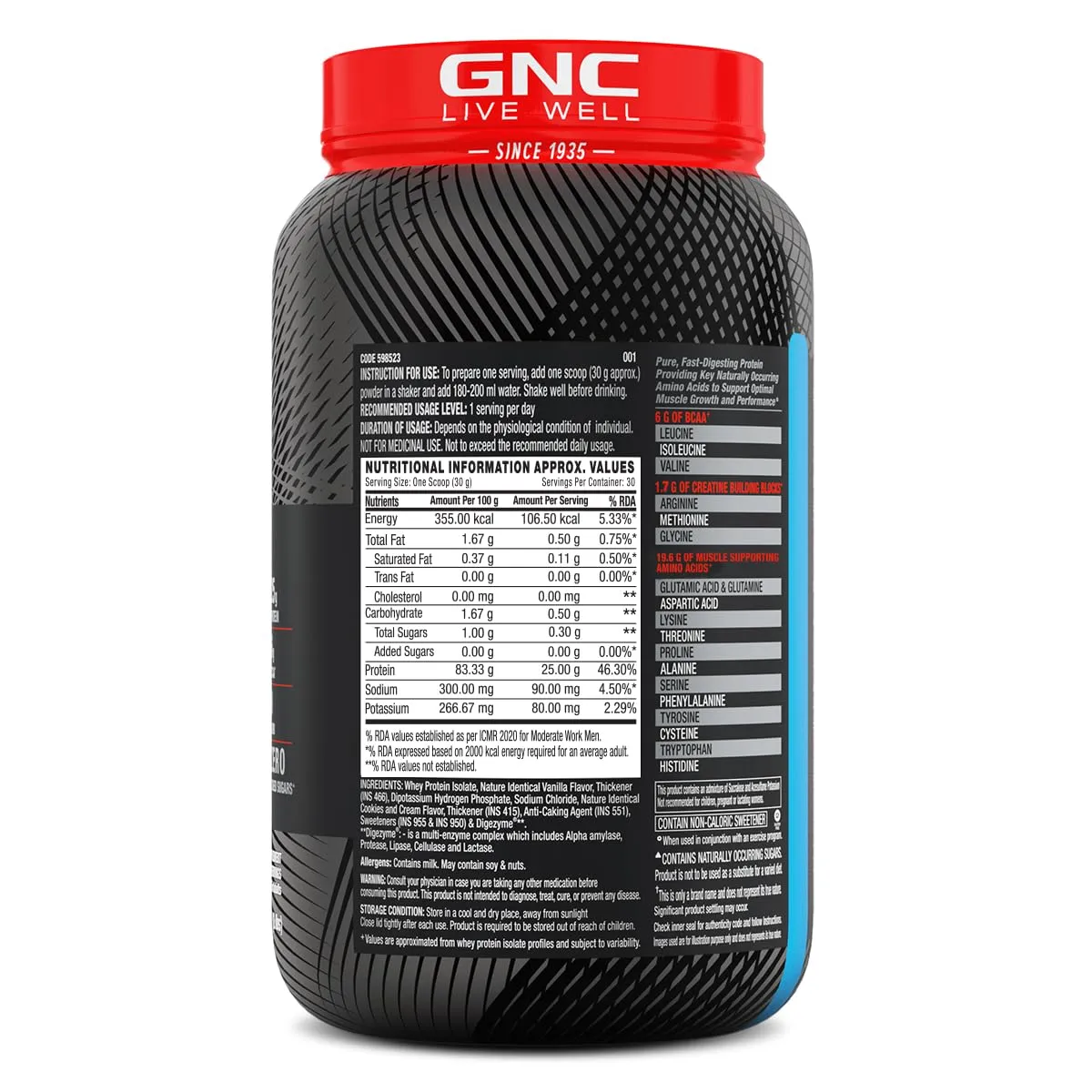 GNC AMP Pure Isolate Low Carb | Boosts Athletic Performance | Builds Lean Muscles | Speeds Up Recovery | Increases Strength | USA Formulated | 25g Protein | 6g BCAA | Cookies & Cream | 2 lbs