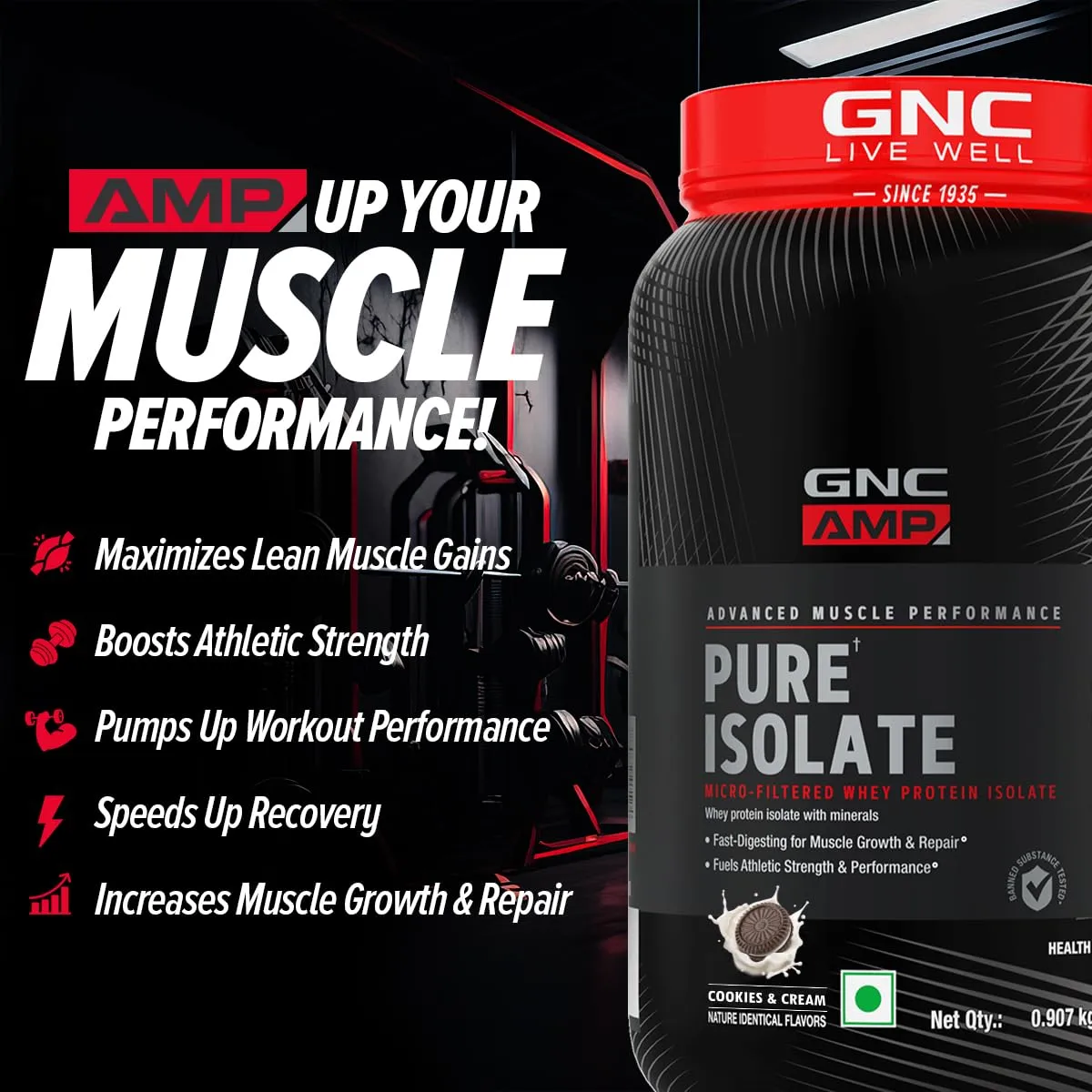 GNC AMP Pure Isolate Low Carb | Boosts Athletic Performance | Builds Lean Muscles | Speeds Up Recovery | Increases Strength | USA Formulated | 25g Protein | 6g BCAA | Cookies & Cream | 2 lbs