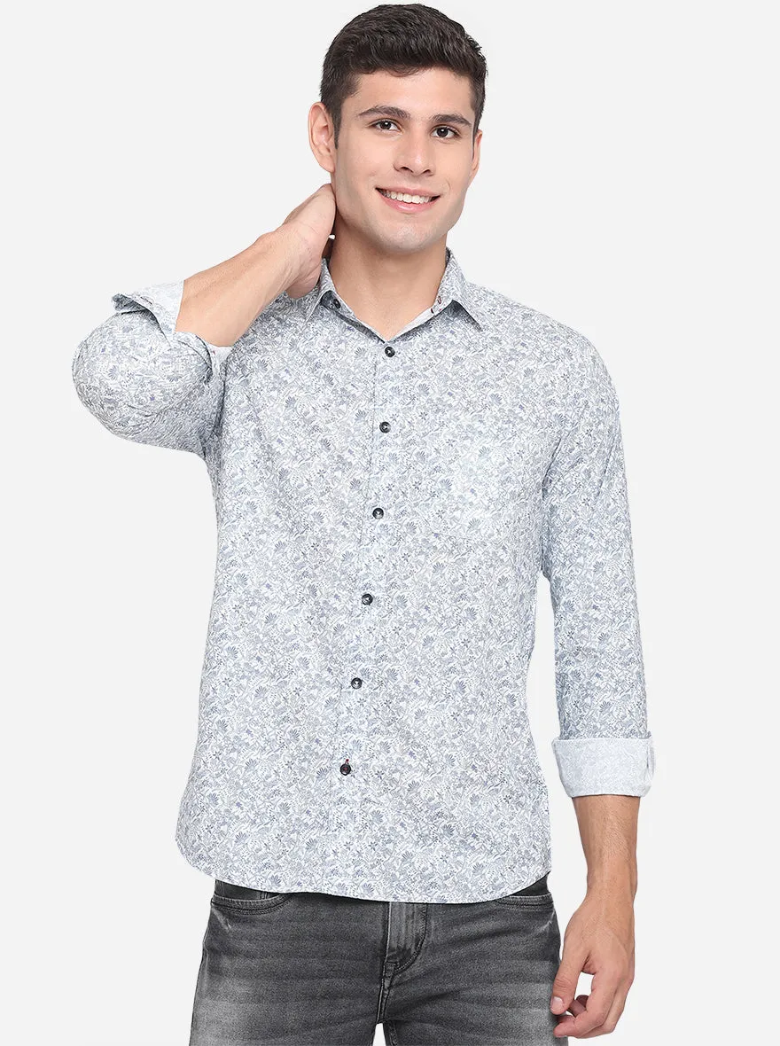 Grey & Blue Printed Slim Fit Semi Casual Shirt | JadeBlue