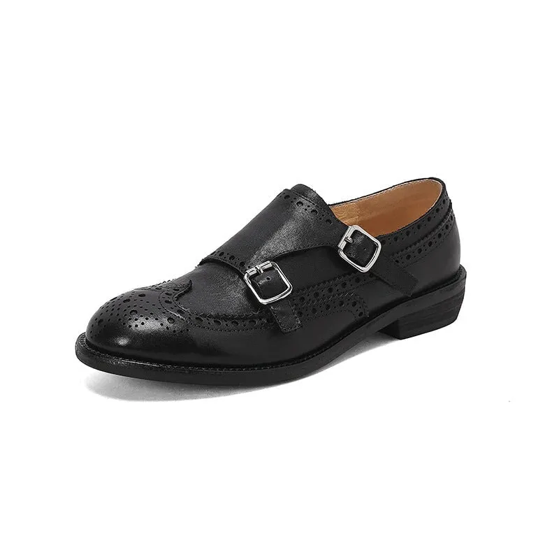 Handmade Horse Leather Double Monk Strap Shoes For Women in Coffee/Black