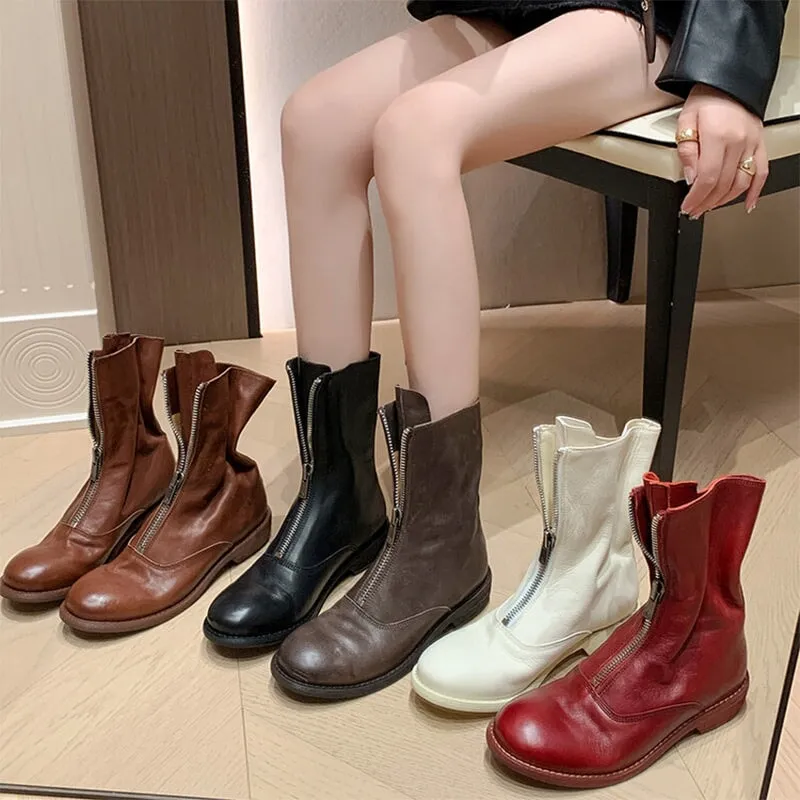 Handmade Leather Ankle Boots Comfortable Walking Round Martin Boots Brown/Black/Red/Beige/Grey