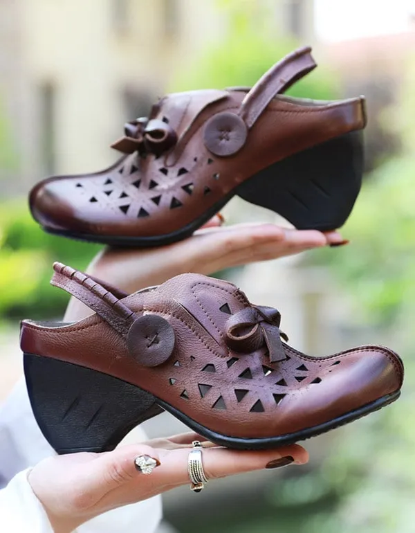 Handmade Leather Chunky Heels Retro Shoes