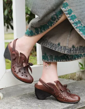 Handmade Leather Chunky Heels Retro Shoes