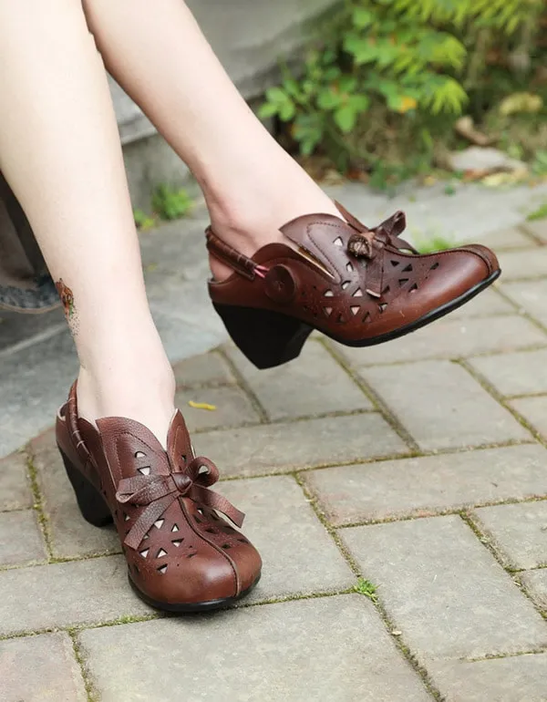 Handmade Leather Chunky Heels Retro Shoes