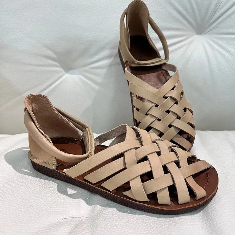 Handmade Leather Gladiator Sandals Women Flat Flip Flops Knitting Sandals Camel/Coffee