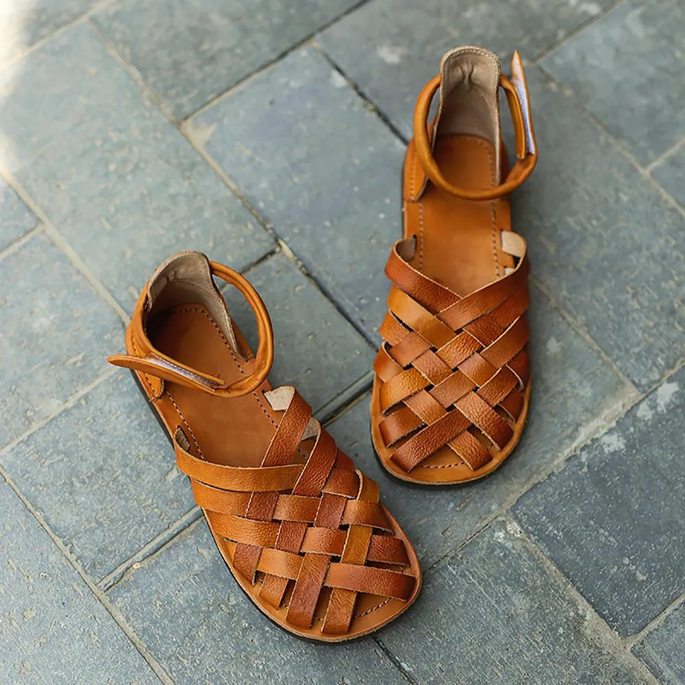 Handmade Leather Gladiator Sandals Women Flat Flip Flops Knitting Sandals Camel/Coffee